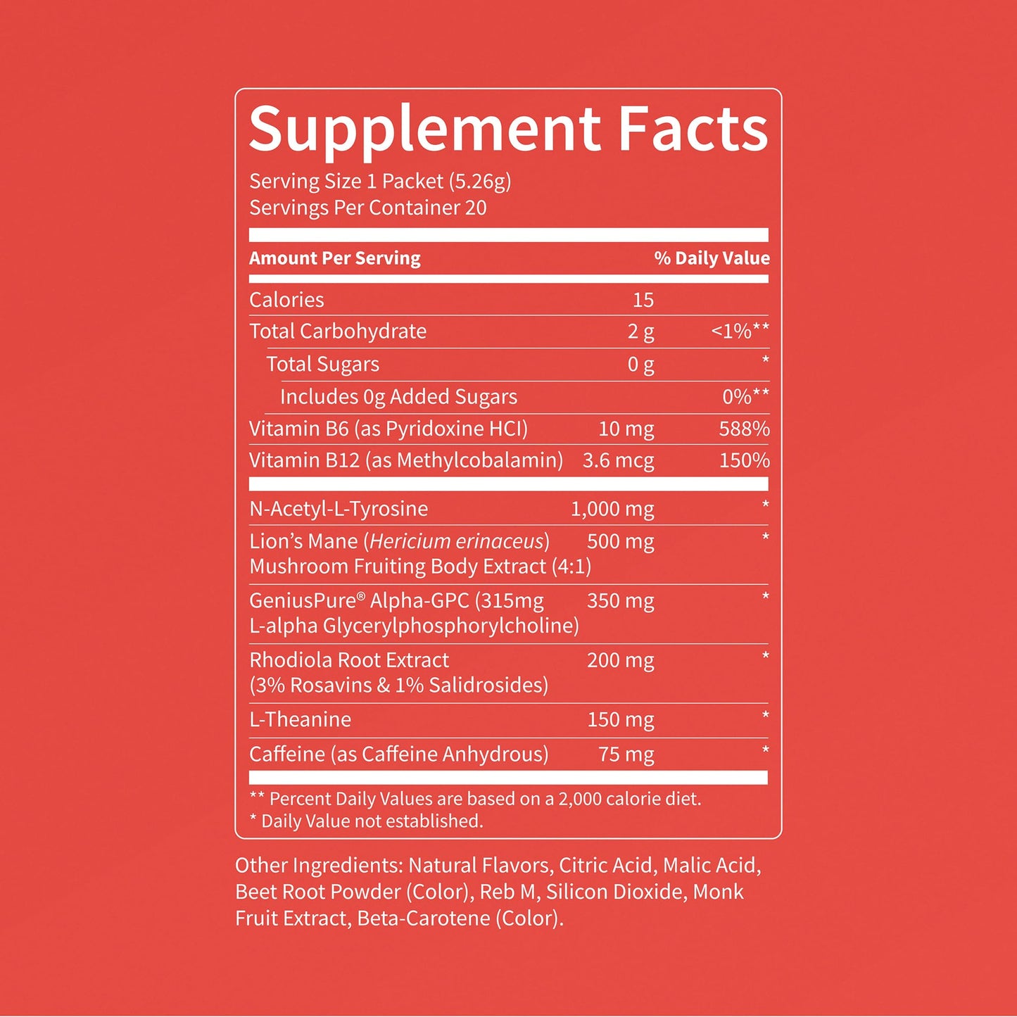 Nello Superfocus – Nootropic Focus Drink Mix for Productivity, Caffeine, L-Theanine, Rhodiola Rosea, Alpha-GPC, Lion’s Mane, Tyrosine, Sugar-Free Packets - With Caffeine (Pack of 20) (20 Servings (Caffeine), Fruit Punch) - Maple Wellness Supplements
