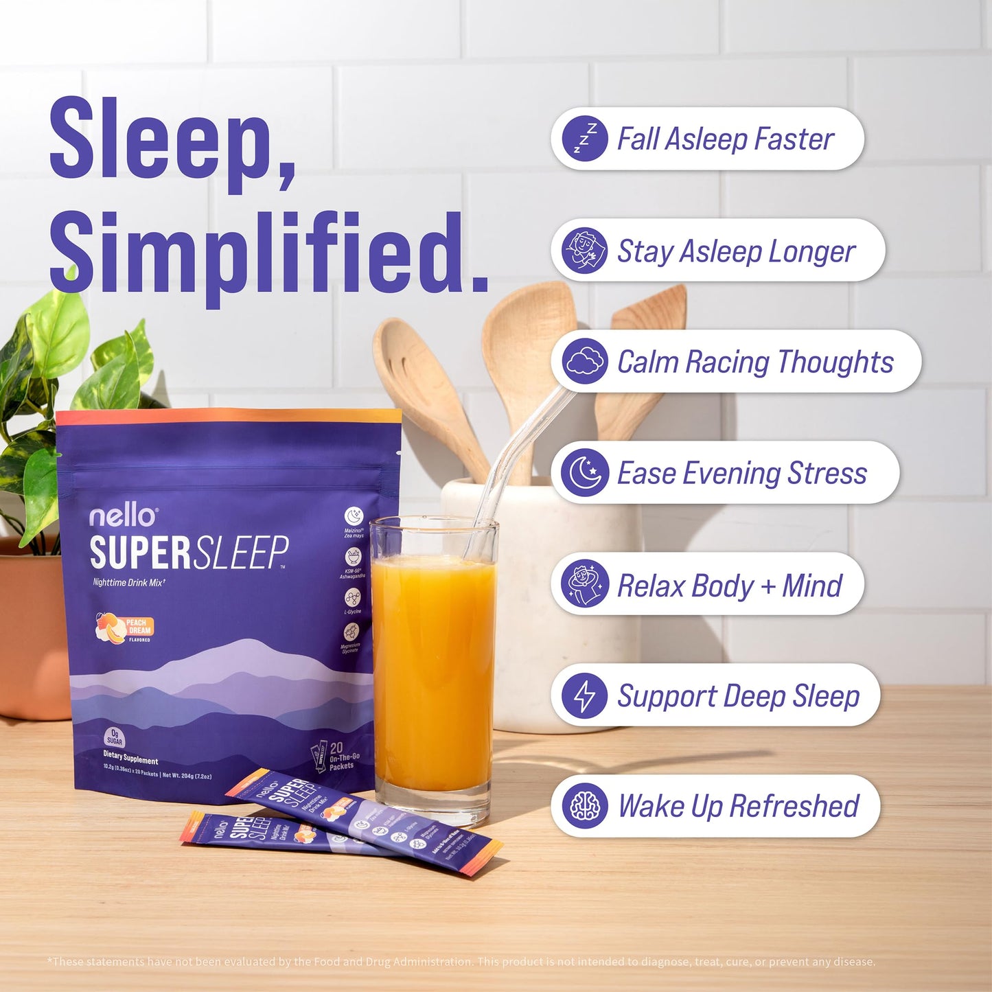 Nello Supersleep, Nighttime Sleep Support Drink Mix, Ashwagandha, Maizinol, L-Glycine, Magnesium Glycinate, Peach Dream (Pack of 20) - Maple Wellness Supplements