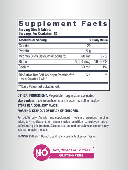 NeoCell Collagen Peptides Pills | 270 Caplets | with Vitamin C and Biotin | Grass Fed Bovine | Hair, Skin, & Nails | for Women and Men - Maple Wellness Supplements