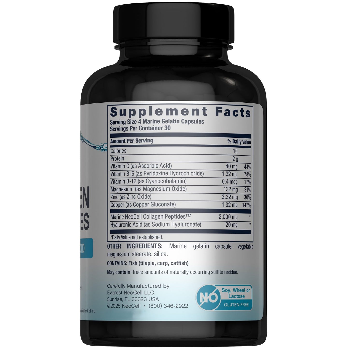 NeoCell Marine Collagen Peptides Capsules | 120 Pills | with Hyaluronic Acid | Plus Vitamin C | for Women and Men - Maple Wellness Supplements