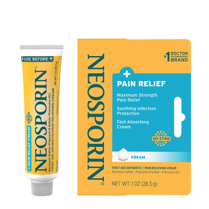 Neosporin + Maximum-Strength Pain Relief Dual Action Cream, First Aid Topical Antibiotic and Analgesic Cream for Soothing Infection Protection & Wound Care of Minor Cuts, Scrapes & Burns, 1 oz - Maple Wellness Supplements