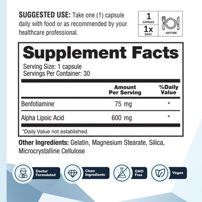 Nervala - Alpha Lipoic Acid 600mg - ALA Supplement Antioxidant for Nerve, Energy & Circulation Support- Extra Strength with Benfotiamine - Made in USA, Lab Tested - 30 Capsules, 1 Month Supply - Maple Wellness Supplements
