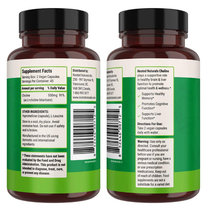Nested Naturals Choline Bitartrate 500mg Per Serving - High Potency Choline Supplements - Supports Cognitive Performance & Liver Function - Maple Wellness Supplements