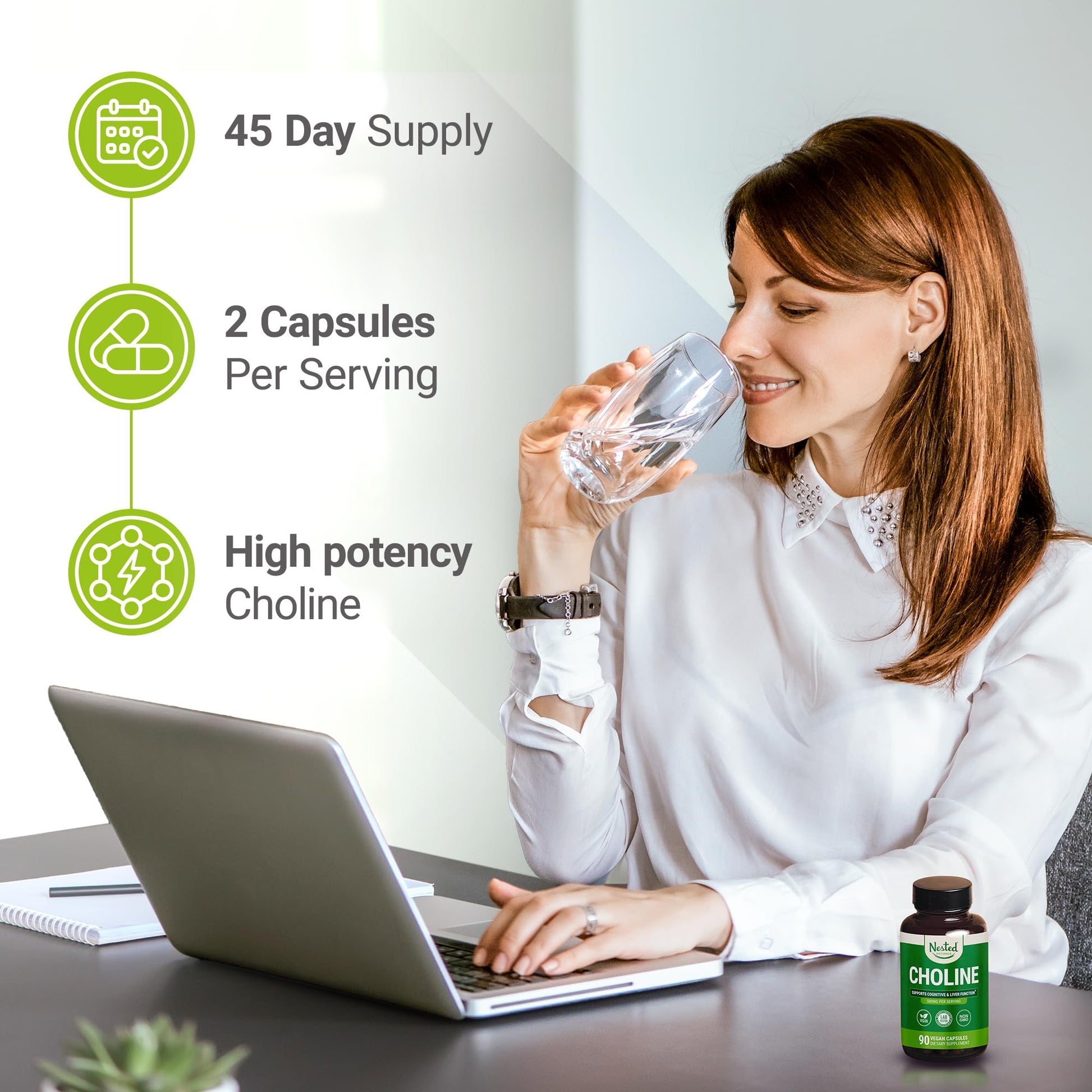 Nested Naturals Choline Bitartrate 500mg Per Serving - High Potency Choline Supplements - Supports Cognitive Performance & Liver Function - Maple Wellness Supplements