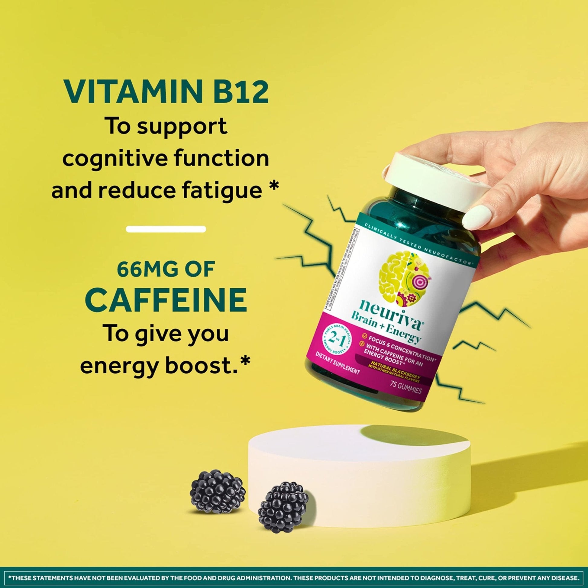 NEURIVA Brain + Energy Gummies, Nootropic Brain Supplements for Focus and Concentration with Neurofactor, Vitamin B12 & Caffeine for an Energy Boost*, 75ct Natural BlackBerry - Maple Wellness Supplements