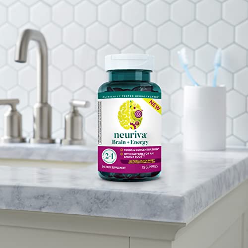 NEURIVA Brain + Energy Gummies, Nootropic Brain Supplements for Focus and Concentration with Neurofactor, Vitamin B12 & Caffeine for an Energy Boost*, 75ct Natural BlackBerry - Maple Wellness Supplements