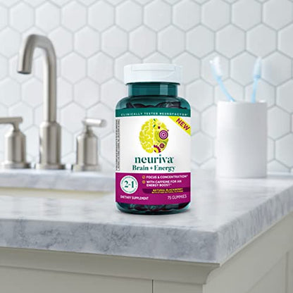 NEURIVA Brain + Energy Gummies, Nootropic Brain Supplements for Focus and Concentration with Neurofactor, Vitamin B12 & Caffeine for an Energy Boost*, 75ct Natural BlackBerry - Maple Wellness Supplements