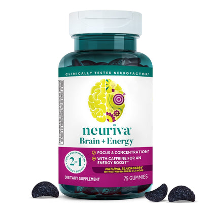 NEURIVA Brain + Energy Gummies, Nootropic Brain Supplements for Focus and Concentration with Neurofactor, Vitamin B12 & Caffeine for an Energy Boost*, 75ct Natural BlackBerry - Maple Wellness Supplements