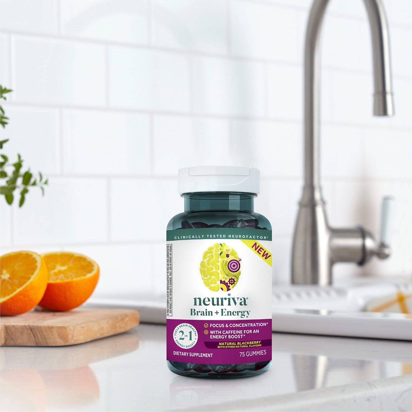 NEURIVA Brain + Energy Gummies, Nootropic Brain Supplements for Focus and Concentration with Neurofactor, Vitamin B12 & Caffeine for an Energy Boost*, 75ct Natural BlackBerry - Maple Wellness Supplements