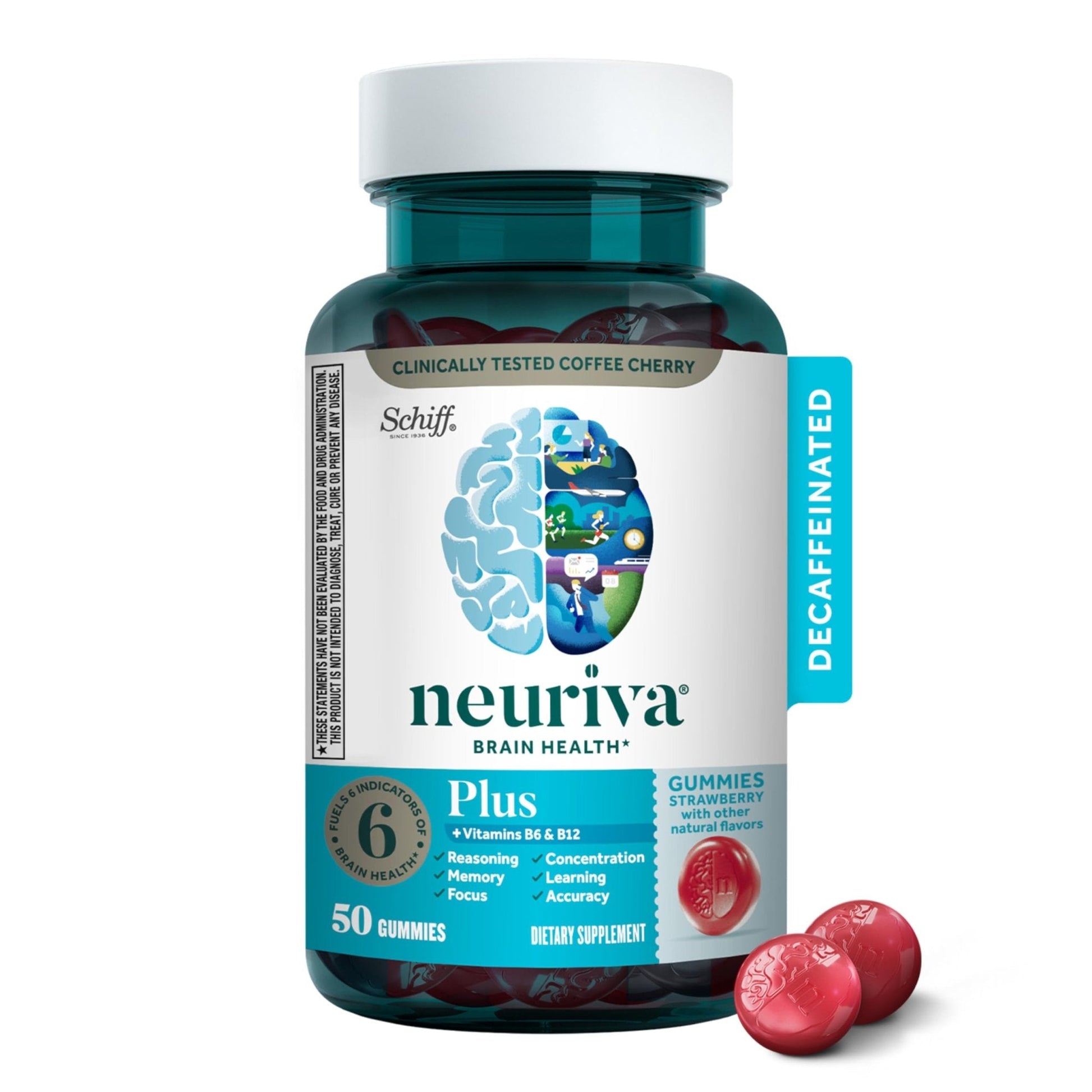 NEURIVA Plus Decaffeinated Nootropic Brain Supplement for Memory, Focus & Concentration & Cognitive Function, Clinically Tested NeuroFactor, Phosphatidylserine, Vitamins B6 B12,50ct Strawberry Gummies - Maple Wellness Supplements