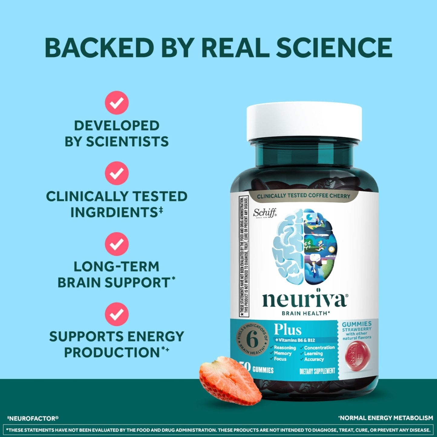 NEURIVA Plus Decaffeinated Nootropic Brain Supplement for Memory, Focus & Concentration & Cognitive Function, Clinically Tested NeuroFactor, Phosphatidylserine, Vitamins B6 B12,50ct Strawberry Gummies - Maple Wellness Supplements