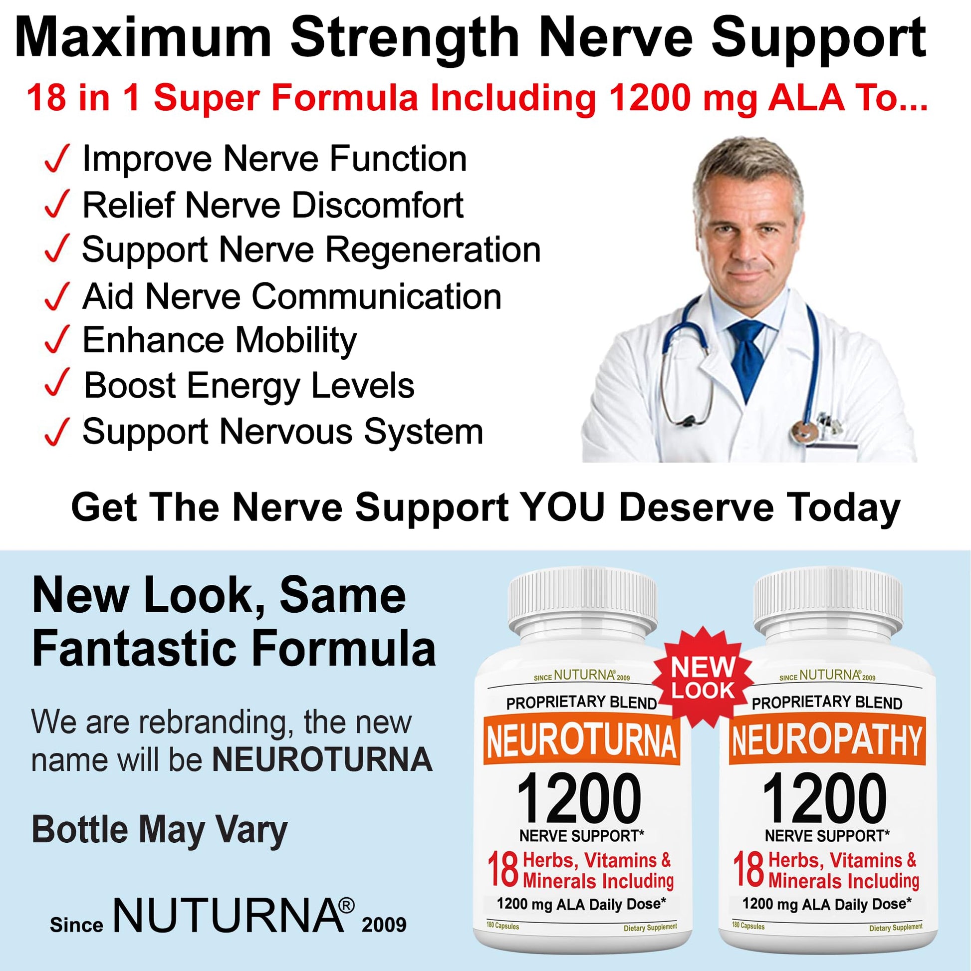 Neuroturna Support Supplement with 1200 mg Pure Alpha Lipoic Acid - Maximum Strength Formula with ALA + Vitamins + Minerals + Herbs - Best Natural Support - 180 Capsules - Maple Wellness Supplements