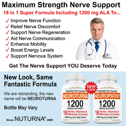 Neuroturna Support Supplement with 1200 mg Pure Alpha Lipoic Acid - Maximum Strength Formula with ALA + Vitamins + Minerals + Herbs - Best Natural Support - 180 Capsules - Maple Wellness Supplements