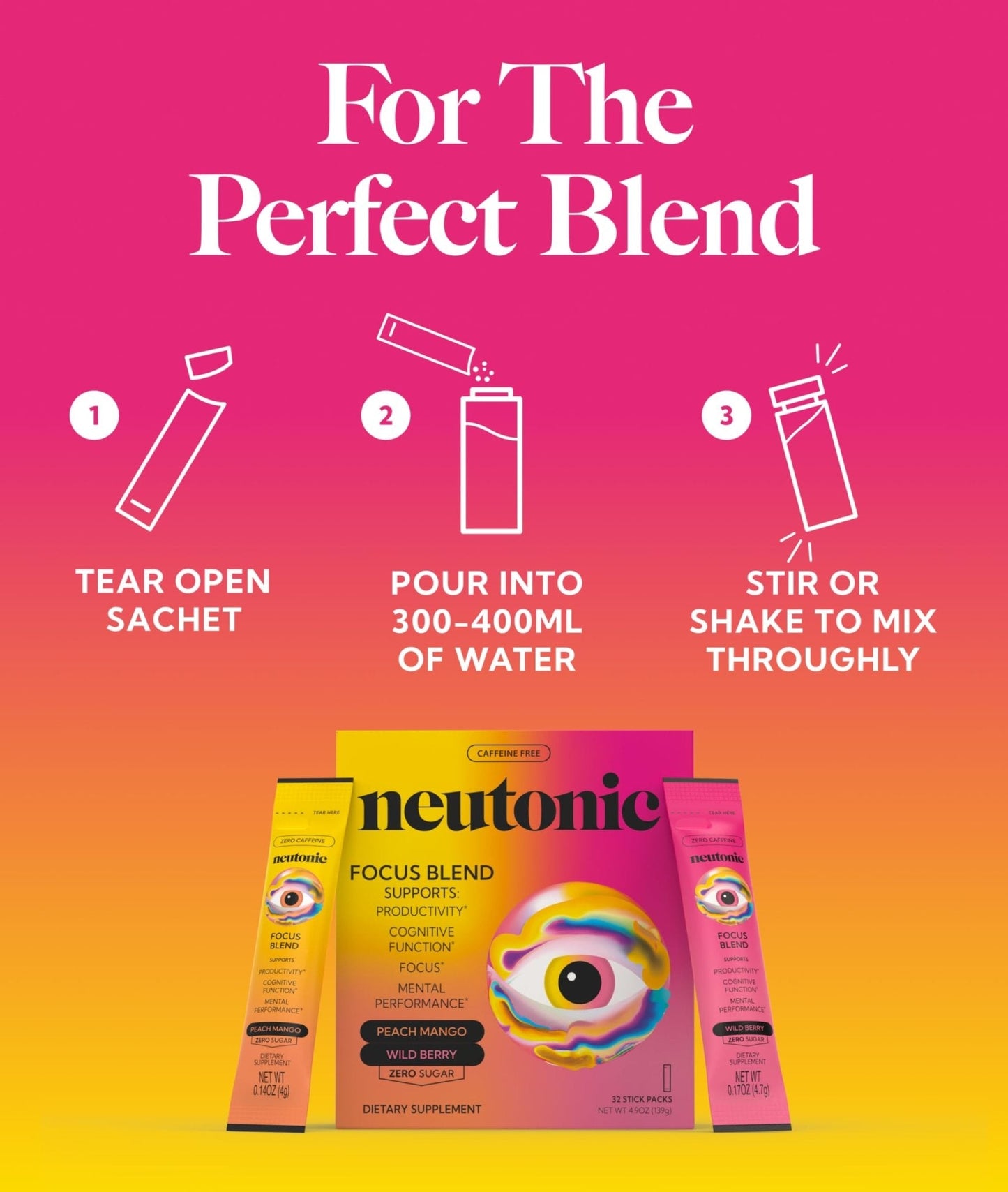 Neutonic Nootropic Focus Blend Powder | Peach Mango & Wild Berry 32 Sticks | Caffeine Free, Zero Sugar | Support Memory, Mental Clarity, Cognitive Function | Boost Focus, Energy, Brain Health - Maple Wellness Supplements