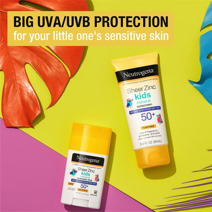 Neutrogena Sheer Zinc Oxide Kids Mineral Sunscreen Lotion, Broad Spectrum SPF 50+ with UVA/UVB Protection, Water-Resistant for 80 Minutes, Paraben-, Dye-, Fragrance- & Tear Free, 3 fl. oz - Maple Wellness Supplements