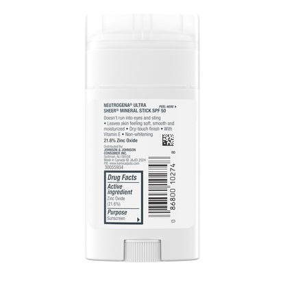 Neutrogena Ultra Sheer Dry Touch SPF 50 Mineral Sunscreen Stick for Sensitive Skin, Zinc Oxide, Body & Face Sunscreen - Maple Wellness Supplements