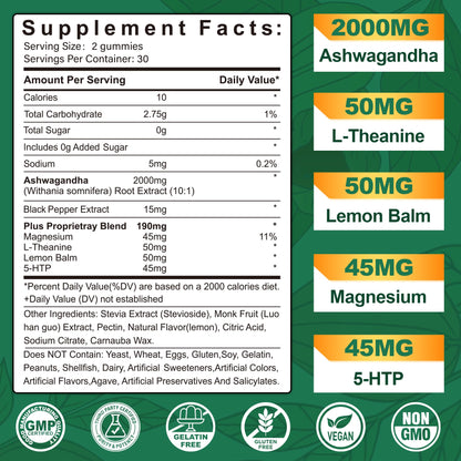 NEVISS Ashwagandha Gummies 2000mg, Feel Refreshed, Plus Proprietary Blend with L-Theanine, 5-HTP, Lemon Balm, Magnesium for Calm, Zzzs & Relaxation Support, 120 Count - Maple Wellness Supplements