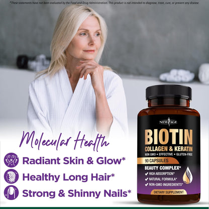 NEW AGE Biotin Collagen Keratin Hyaluronic Acid - 50,000mcg Hair Growth Vitamins for Men and Women, Nails, Hair, Skin Vitamins and DHT Blocker with Vitamin E Folic - Maple Wellness Supplements