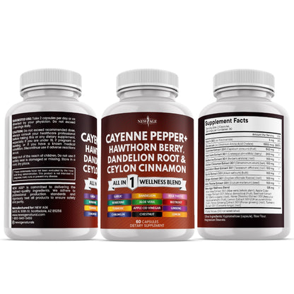 NEW AGE Cayenne Pepper Capsules Supplement with Hawthorn Berry, Dandelion Root, Ceylon Cinnamon, Garlic, Ginger, ACV, Milk Thistle, Beet Root, Aloe Vera - 120 Count - Maple Wellness Supplements