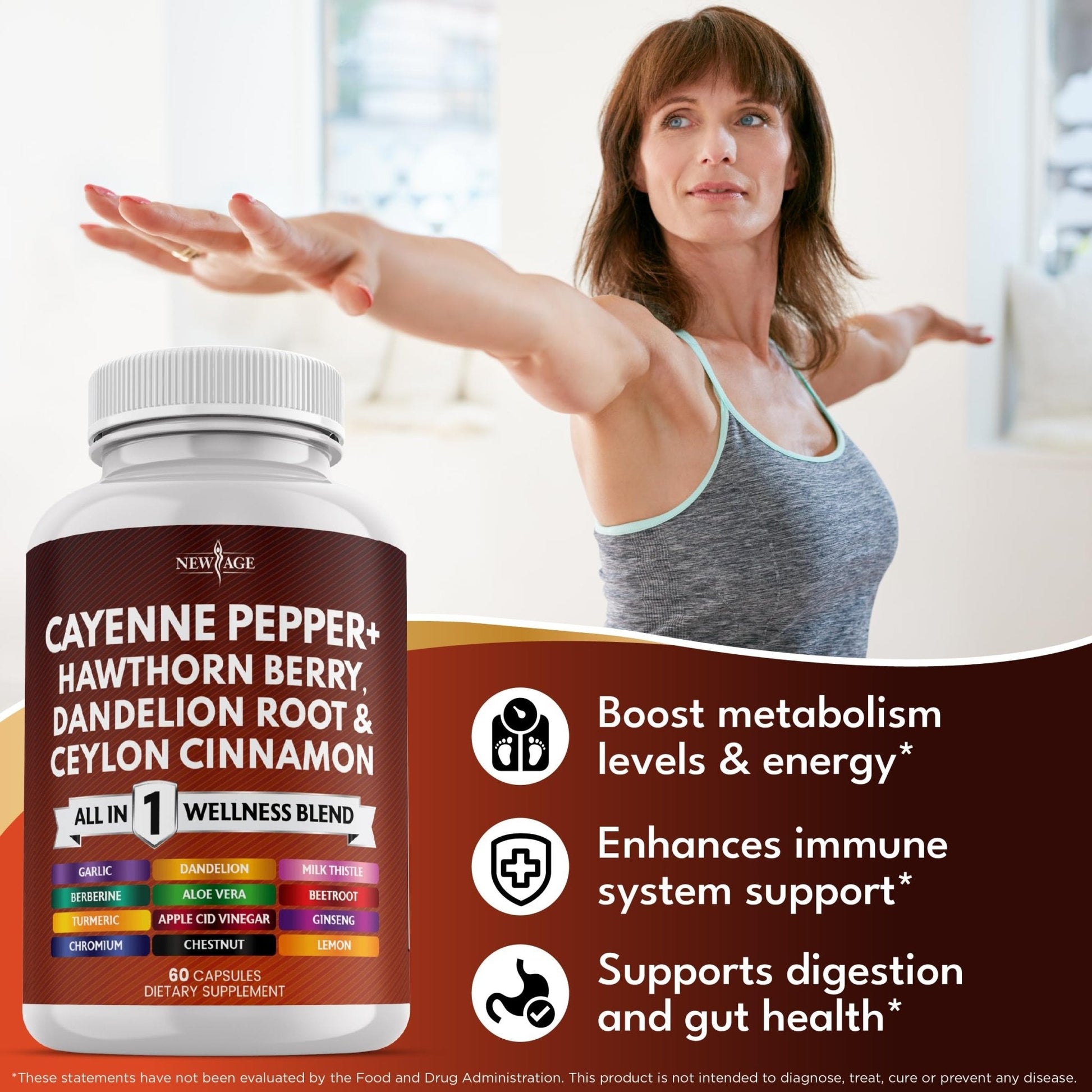 NEW AGE Cayenne Pepper Capsules Supplement with Hawthorn Berry, Dandelion Root, Ceylon Cinnamon, Garlic, Ginger, ACV, Milk Thistle, Beet Root, Aloe Vera - 120 Count - Maple Wellness Supplements