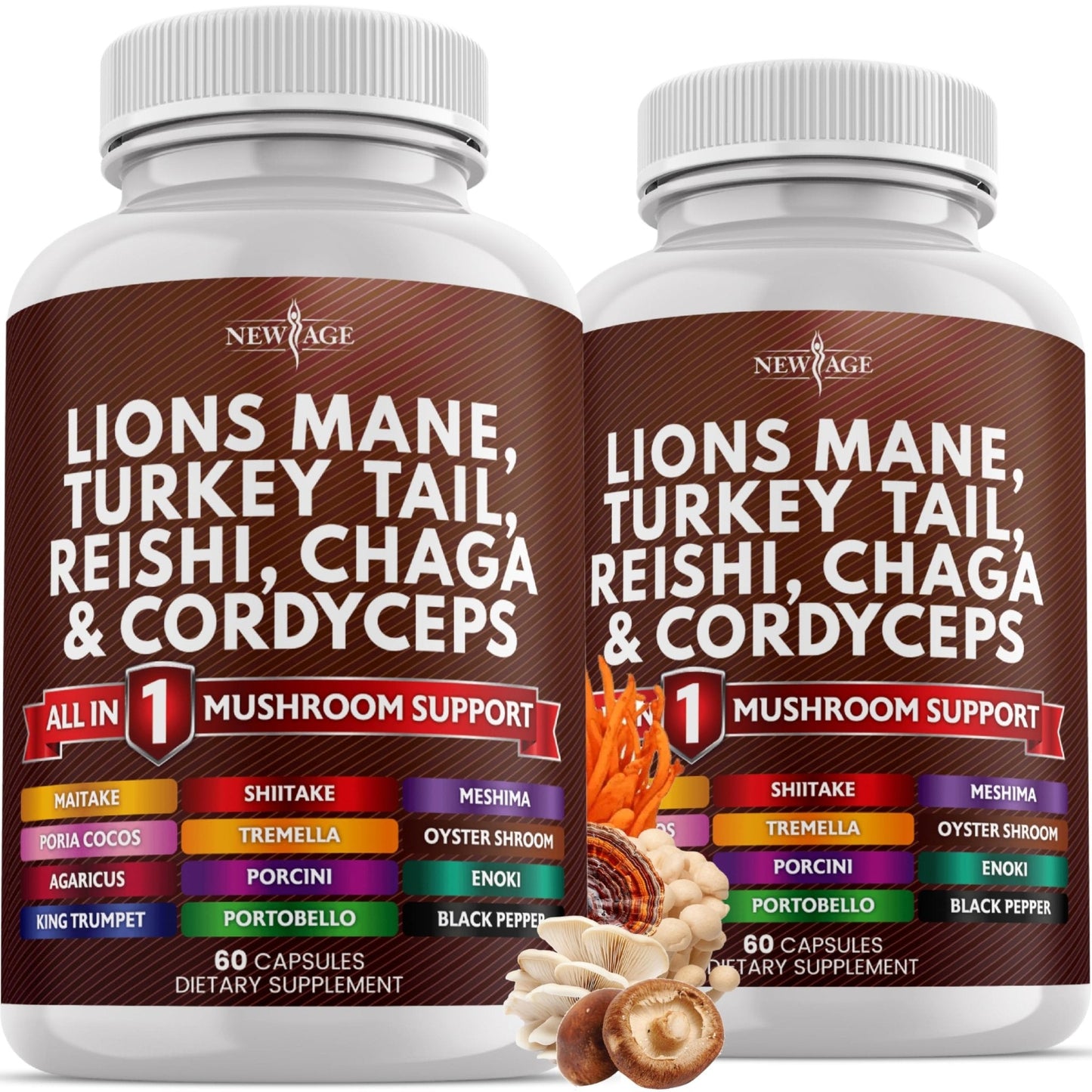 NEW AGE Lions Mane Mushroom Supplement with Turkey Tail Reishi Cordyceps Chaga with Marshmallow Root - 120 Count - Maple Wellness Supplements