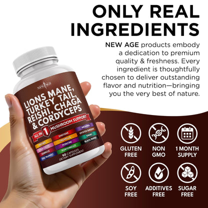 NEW AGE Lions Mane Mushroom Supplement with Turkey Tail Reishi Cordyceps Chaga with Marshmallow Root - 120 Count - Maple Wellness Supplements