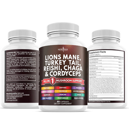 NEW AGE Lions Mane Mushroom Supplement with Turkey Tail Reishi Cordyceps Chaga with Marshmallow Root - 120 Count - Maple Wellness Supplements