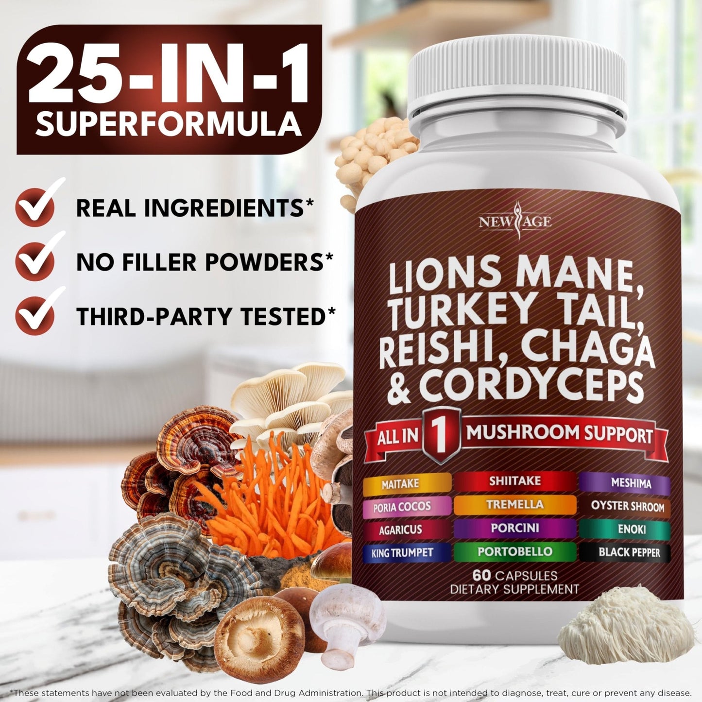 NEW AGE Lions Mane Mushroom Supplement with Turkey Tail Reishi Cordyceps Chaga with Marshmallow Root - 120 Count - Maple Wellness Supplements