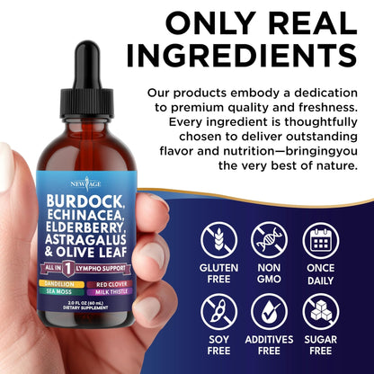 NEW AGE Lymphatic Drainage Supplement - Burdock Lymphatic Support Drops - Burdock Root, Mullein, Echinacea, Elderberry, Dandelion, Astragalus, Milk Thistle, Red Clover - 4 oz - Maple Wellness Supplements