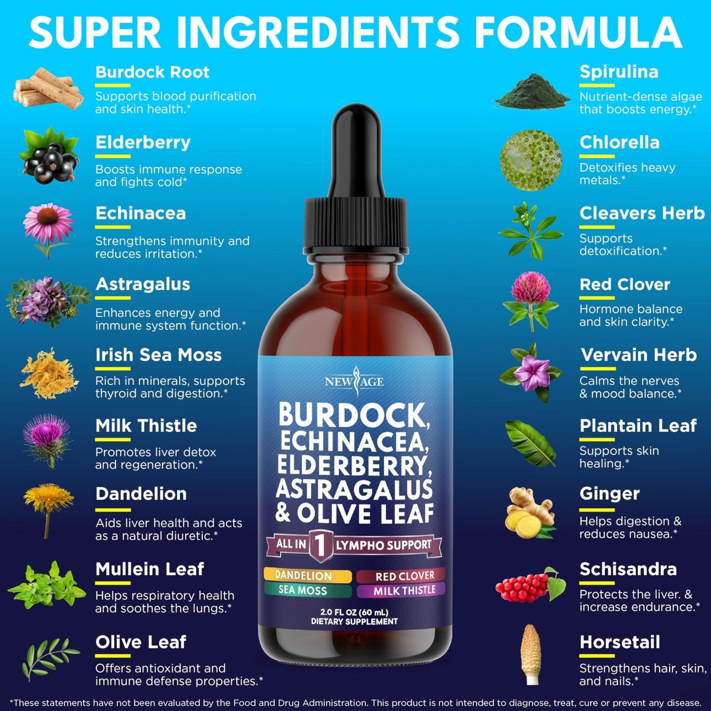 NEW AGE Lymphatic Drainage Supplement - Burdock Lymphatic Support Drops - Burdock Root, Mullein, Echinacea, Elderberry, Dandelion, Astragalus, Milk Thistle, Red Clover - 4 oz - Maple Wellness Supplements
