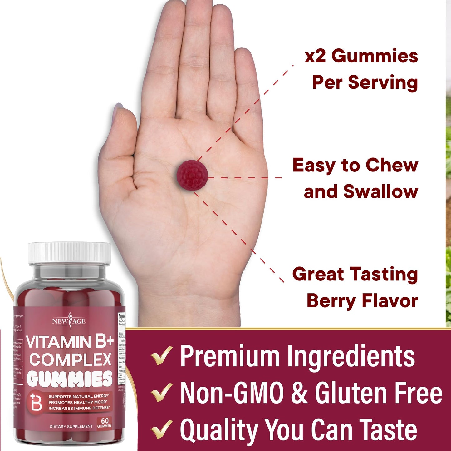 NEW AGE Vitamin B Complex Gummies with Vitamin B3, B6, & B12 – with Biotin, Folic Acid & Vitamin C – Gluten-Free, Vegan - Maple Wellness Supplements