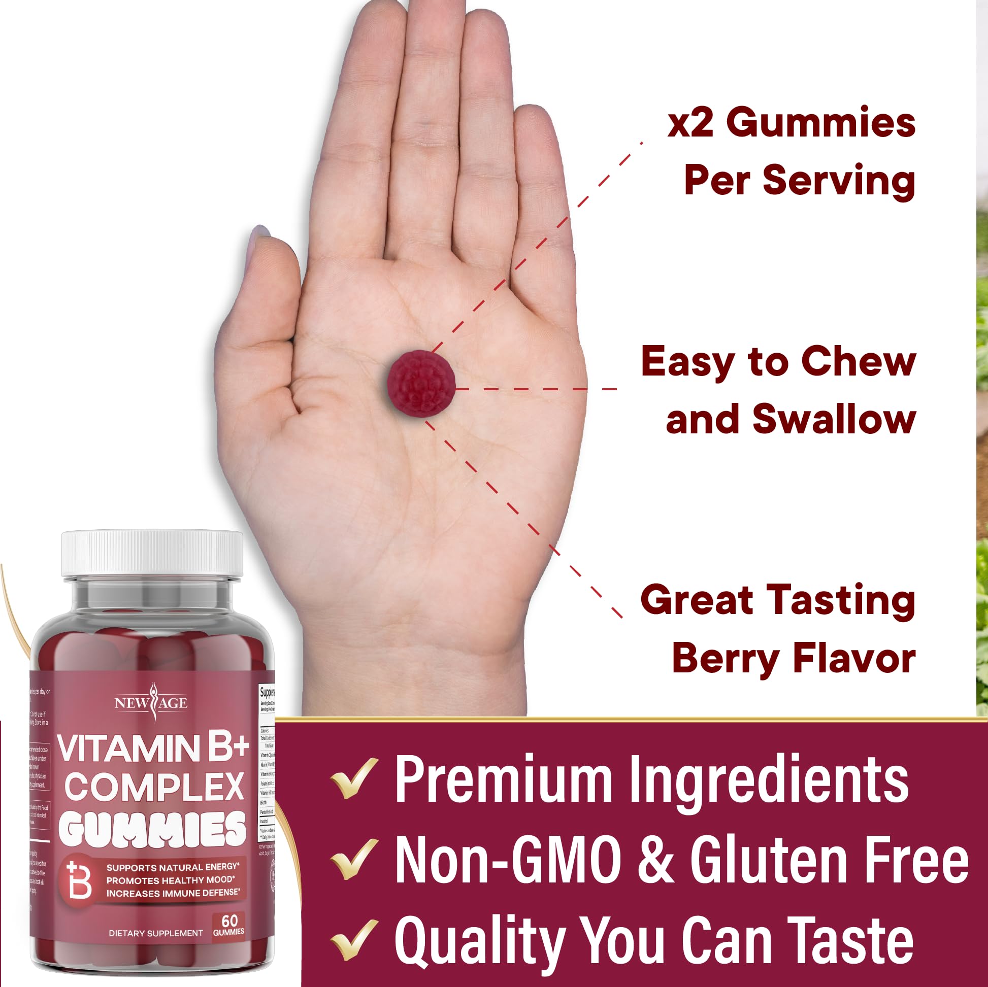 NEW AGE Vitamin B Complex Gummies with Vitamin B3, B6, & B12 – with Biotin, Folic Acid & Vitamin C – Gluten-Free, Vegan - Maple Wellness Supplements