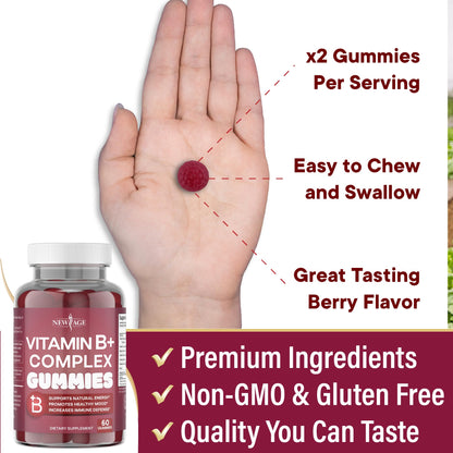 NEW AGE Vitamin B Complex Gummies with Vitamin B3, B6, & B12 – with Biotin, Folic Acid & Vitamin C – Gluten-Free, Vegan - Maple Wellness Supplements