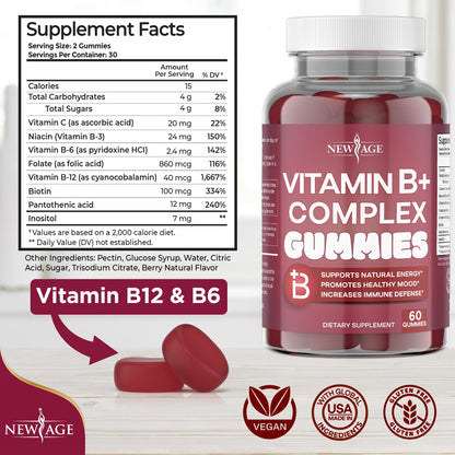 NEW AGE Vitamin B Complex Gummies with Vitamin B3, B6, & B12 – with Biotin, Folic Acid & Vitamin C – Gluten-Free, Vegan - Maple Wellness Supplements