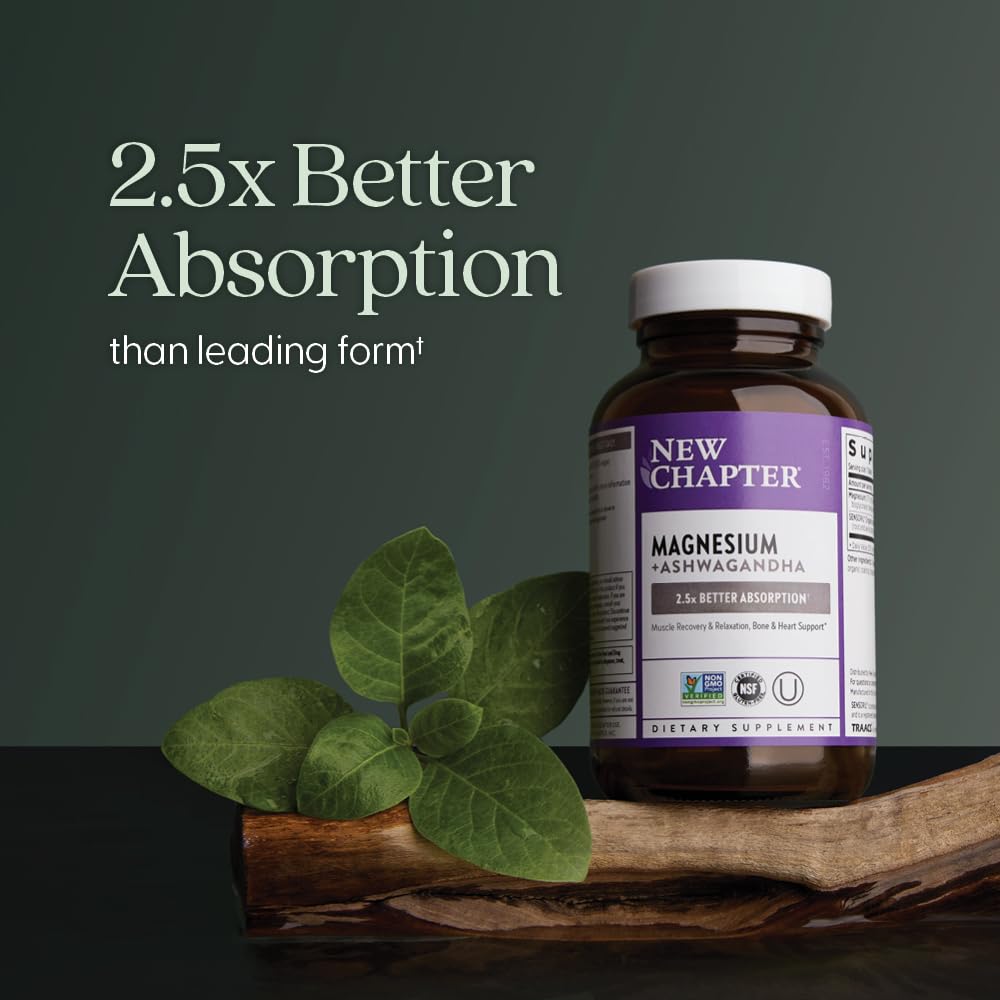 New Chapter Magnesium + Ashwagandha Supplement, 325 mg with Magnesium Glycinate for Muscle Relaxation & Recovery, Heart, Nerve & Bone Health, 2.5X Absorption - Maple Wellness Supplements