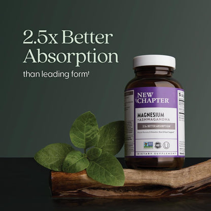 New Chapter Magnesium + Ashwagandha Supplement, 325 mg with Magnesium Glycinate for Muscle Relaxation & Recovery, Heart, Nerve & Bone Health, 2.5X Absorption - Maple Wellness Supplements