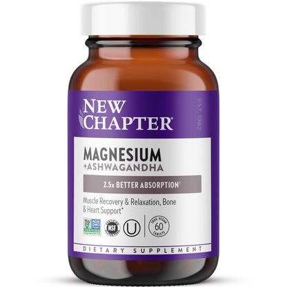 New Chapter Magnesium + Ashwagandha Supplement, 325 mg with Magnesium Glycinate for Muscle Relaxation & Recovery, Heart, Nerve & Bone Health, 2.5X Absorption - Maple Wellness Supplements