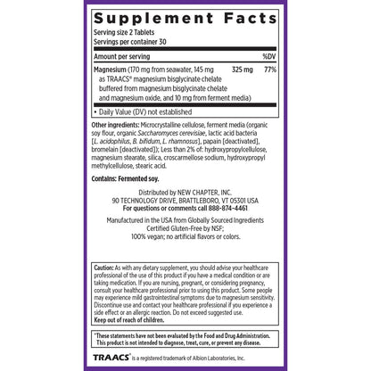 New Chapter Magnesium Complex Supplement, 325mg with Magnesium Glycinate + Sea-Sourced + Fermented Forms for Heart, Bone, Nerve, Muscle & Cellular Energy, 100% Vegan, 60 Tablets - Maple Wellness Supplements