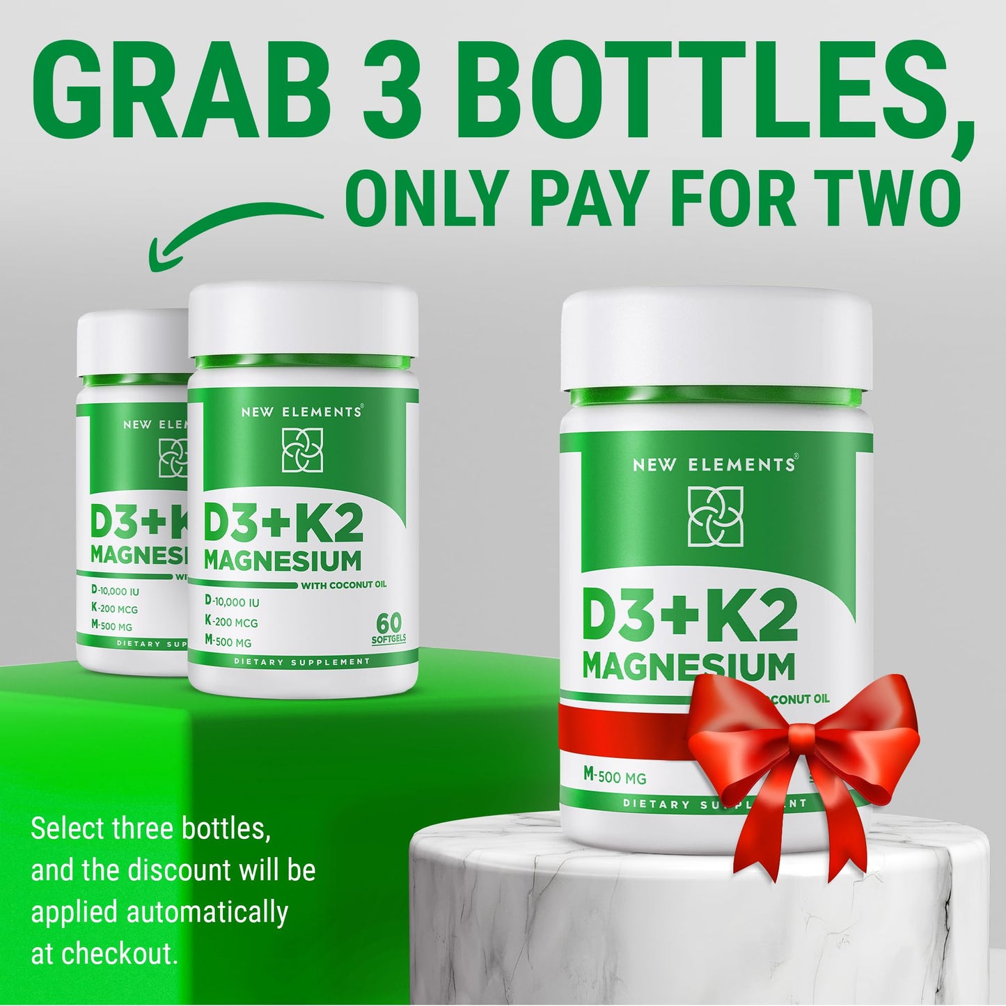 New Elements Vitamin D3 K2 10,000 IU with Magnesium Glycinate 500mg - Bone Health, Immune Support, Energy & Mood - Non-GMO, Gluten-Free - Maple Wellness Supplements