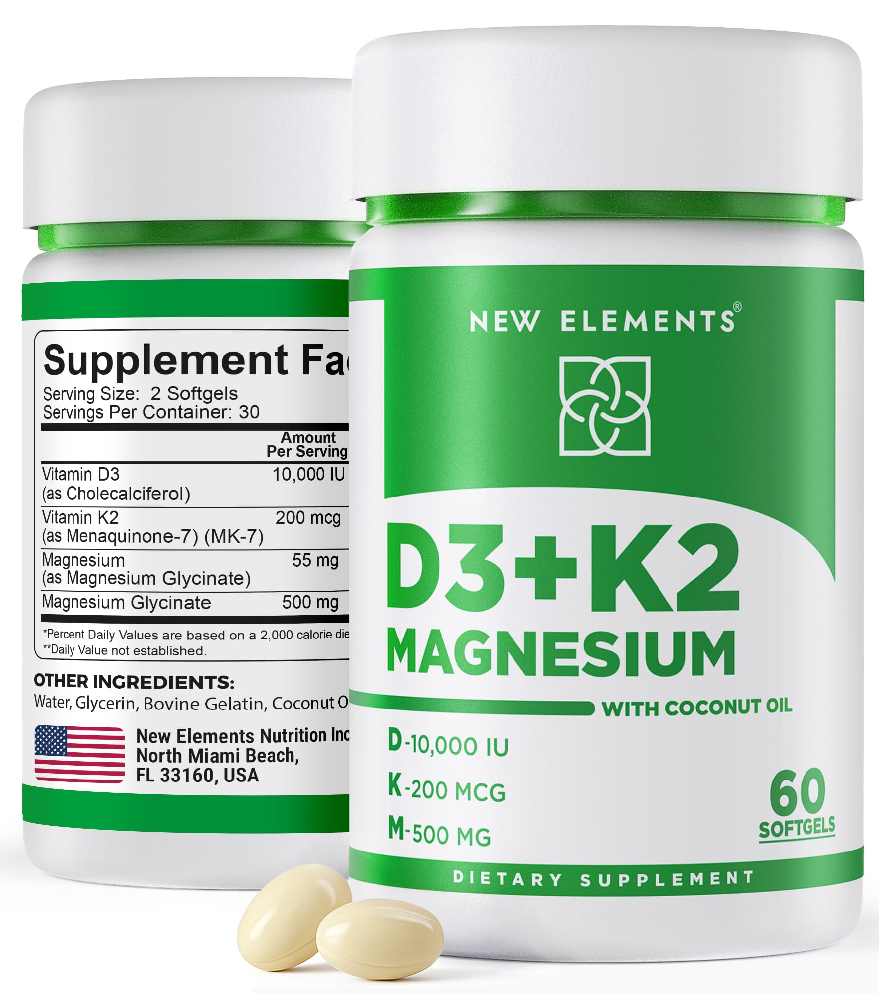 New Elements Vitamin D3 K2 10,000 IU with Magnesium Glycinate 500mg - Bone Health, Immune Support, Energy & Mood - Non-GMO, Gluten-Free - Maple Wellness Supplements