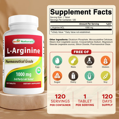 (New Improved Formula) Best Naturals L-Arginine 1000 mg 120 Tablets - Pharmaceutical Grade L Arginine Supplement - Maple Wellness Supplements