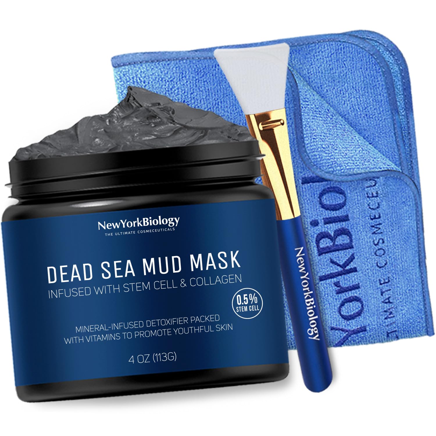 New York Biology Dead Sea Mud Mask for Face & Body | with Stem Cell and Collagen | Face Mask, Brush Applicator, Towel | Spa Quality Pore Refiner for Oily Skin - Maple Wellness Supplements