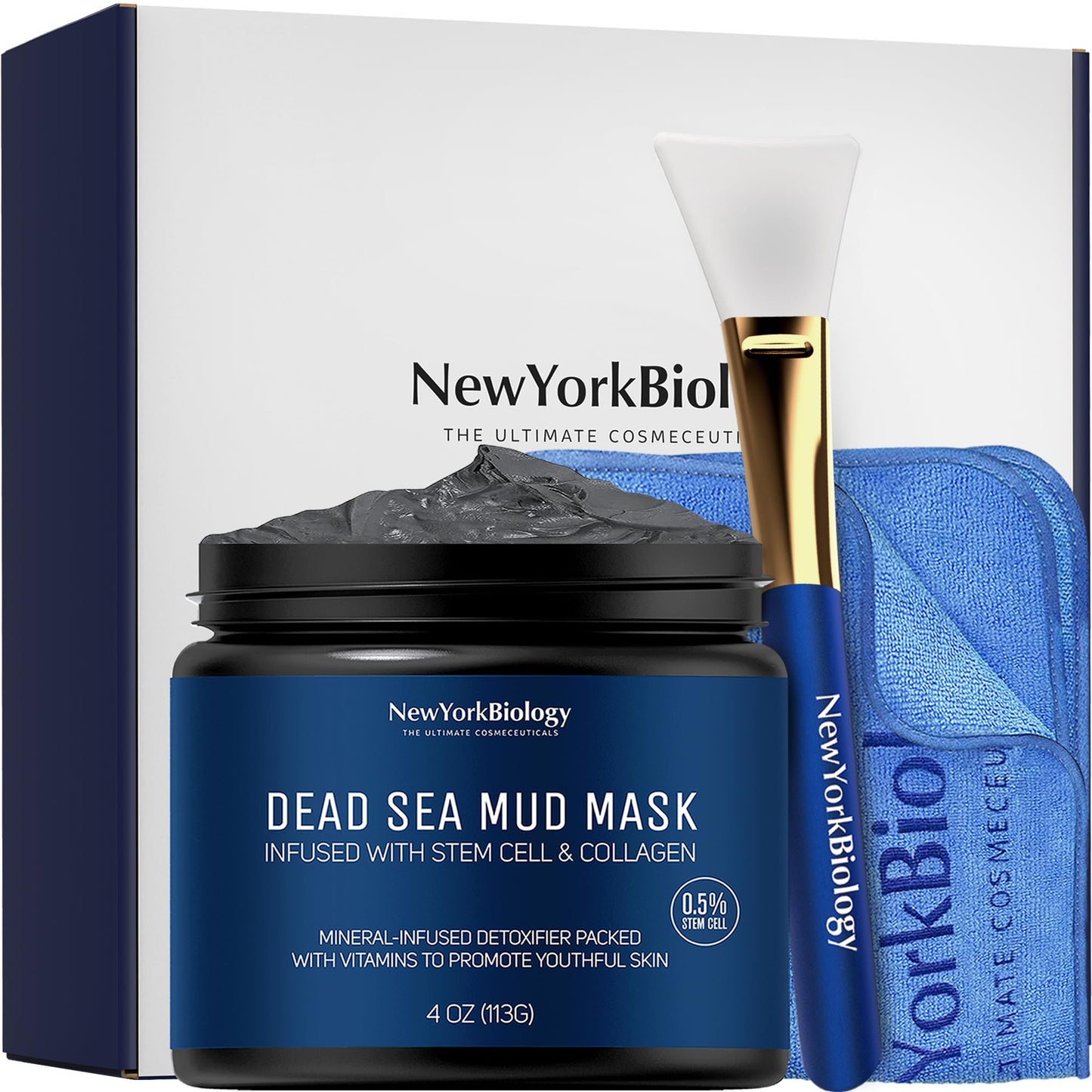 New York Biology Dead Sea Mud Mask for Face & Body | with Stem Cell and Collagen | Face Mask, Brush Applicator, Towel | Spa Quality Pore Refiner for Oily Skin - Maple Wellness Supplements