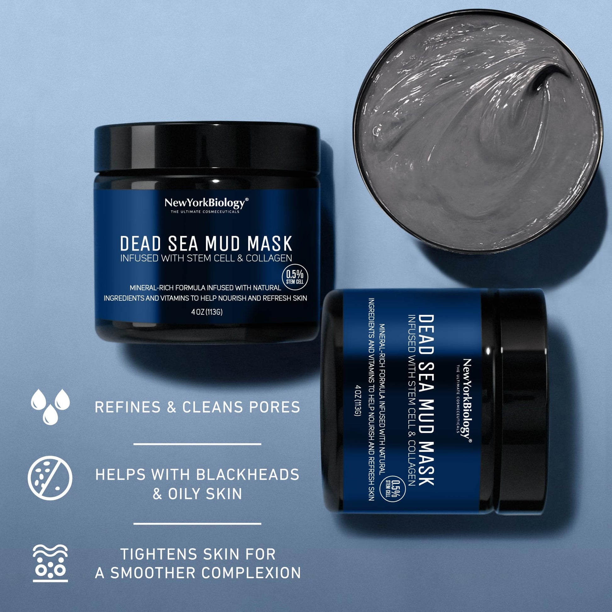 New York Biology Dead Sea Mud Mask for Face & Body | with Stem Cell and Collagen | Face Mask, Brush Applicator, Towel | Spa Quality Pore Refiner for Oily Skin - Maple Wellness Supplements
