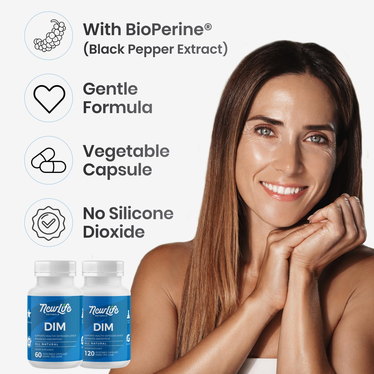 NewLife Naturals DIM Supplement 300mg for Women & Men - Hormonal Acne, Estrogen Balance Pills, Post Menopause Relief | Healthy Estrogen Level | Hormonal Balance - Bioperine | PCOS - 60 Day Supply - Maple Wellness Supplements