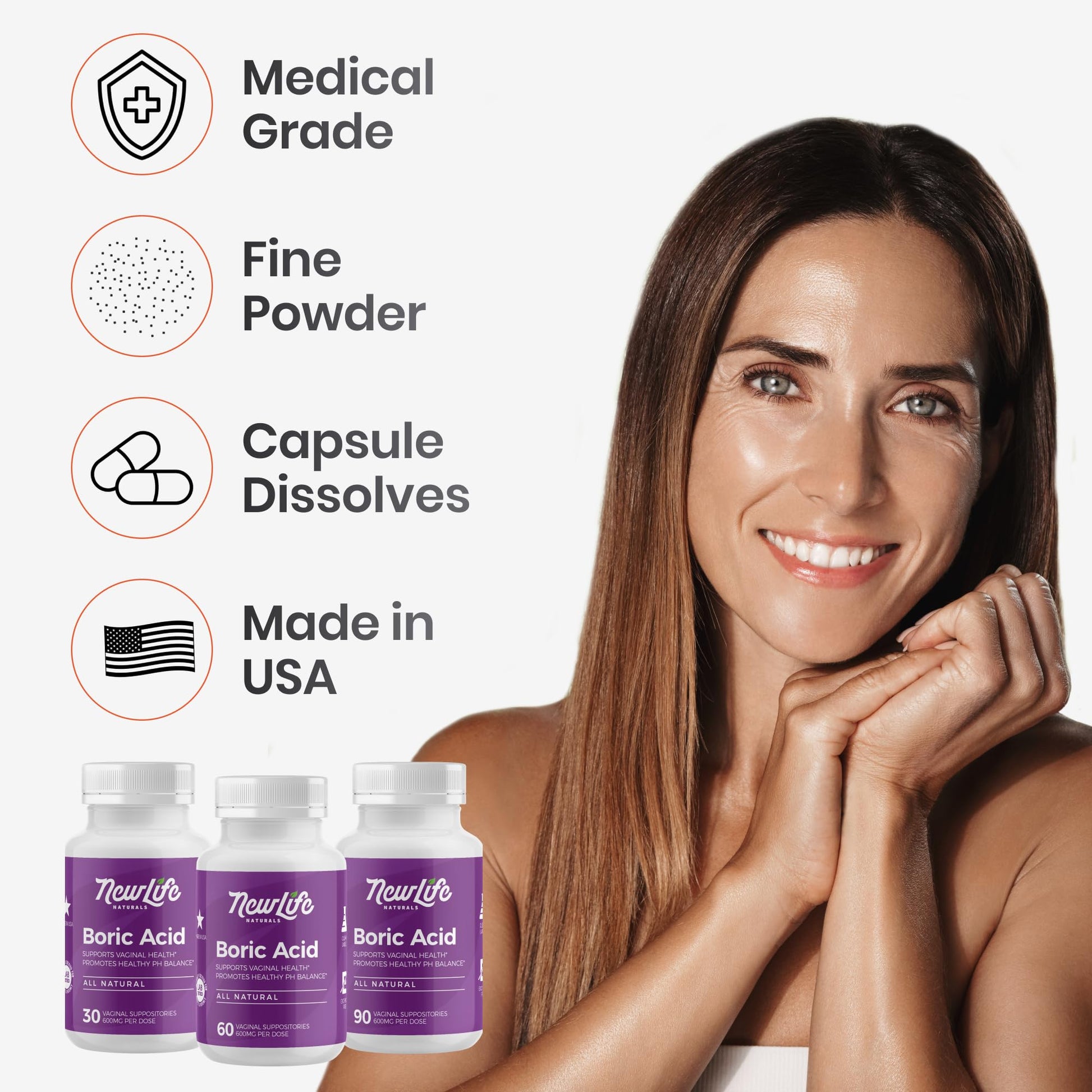 NewLife Naturals - Medical Grade Boric Acid Vaginal Suppositories - 600mg - 100% Pure Womens pH Balance Pills - Yeast Infection, BV - 60 Capsules: Made in USA - Maple Wellness Supplements