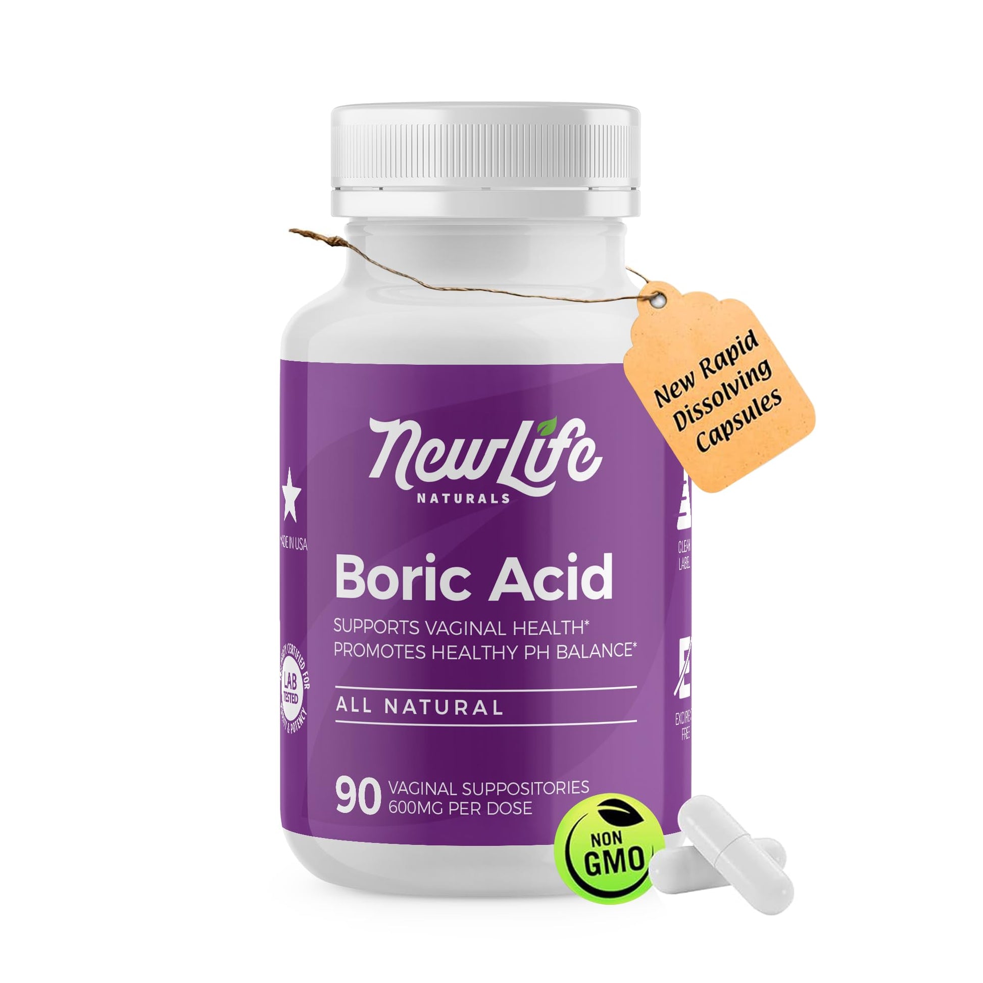 NewLife Naturals - Medical Grade Boric Acid Vaginal Suppositories - 600mg - 100% Pure Womens pH Balance Pills - Yeast Infection, BV - 90 Capsules: Made in USA - Maple Wellness Supplements