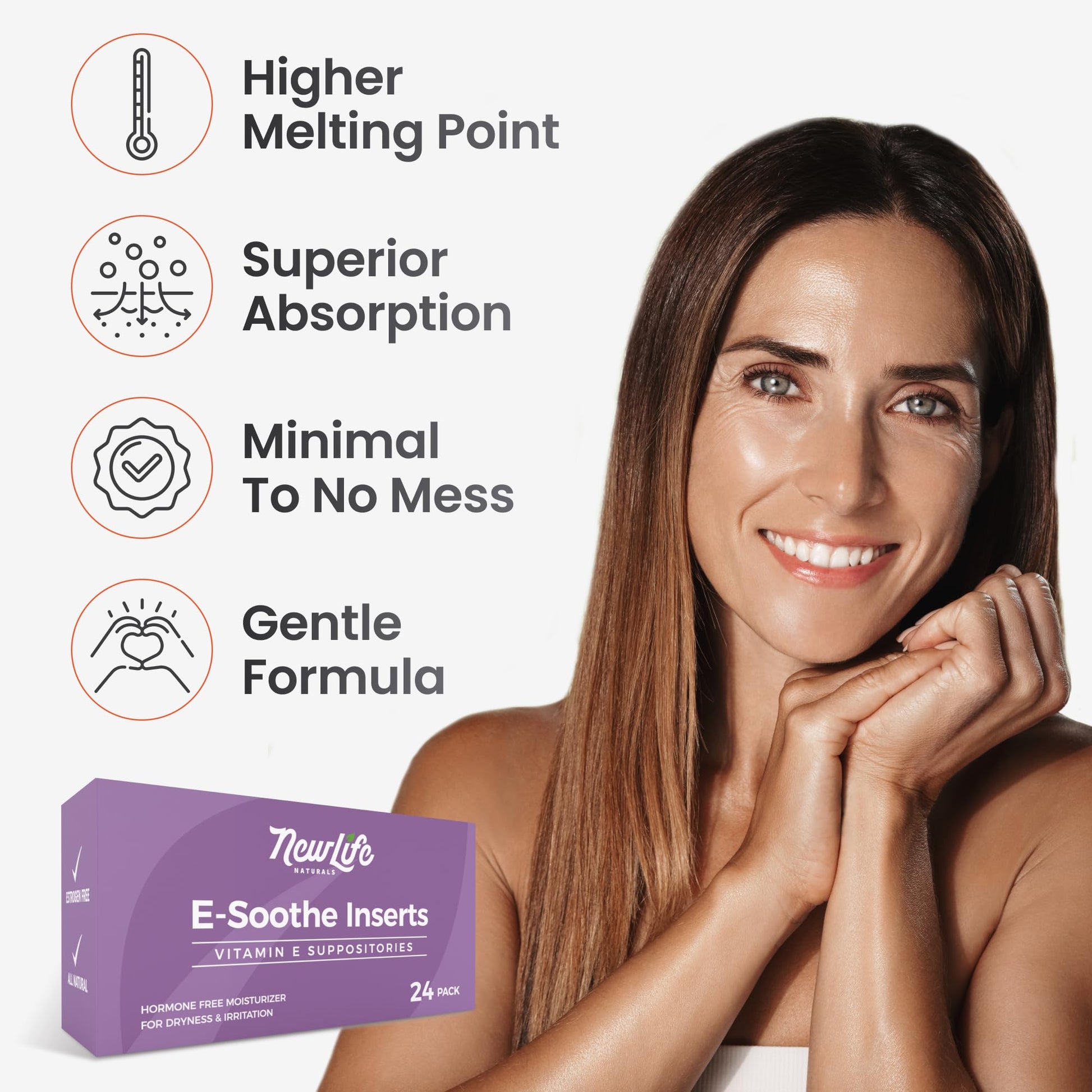 NewLife Naturals Vitamin E Vaginal Suppositories 38IU ESoothe - Moisture & Hydration Support - All Natural Estrogen Free Feminine Care - 24 Inserts - Maple Wellness Supplements