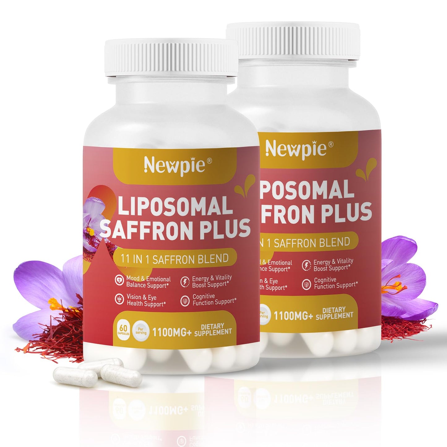 Newpie Saffron Supplements - 100% Pure Saffron Extract Capsules - Natural Mood Enhancer, Supports Eye & Heart Health, Boosts Energy - Premium Supplement for Women & Men（60 Servings (2) - Maple Wellness Supplements