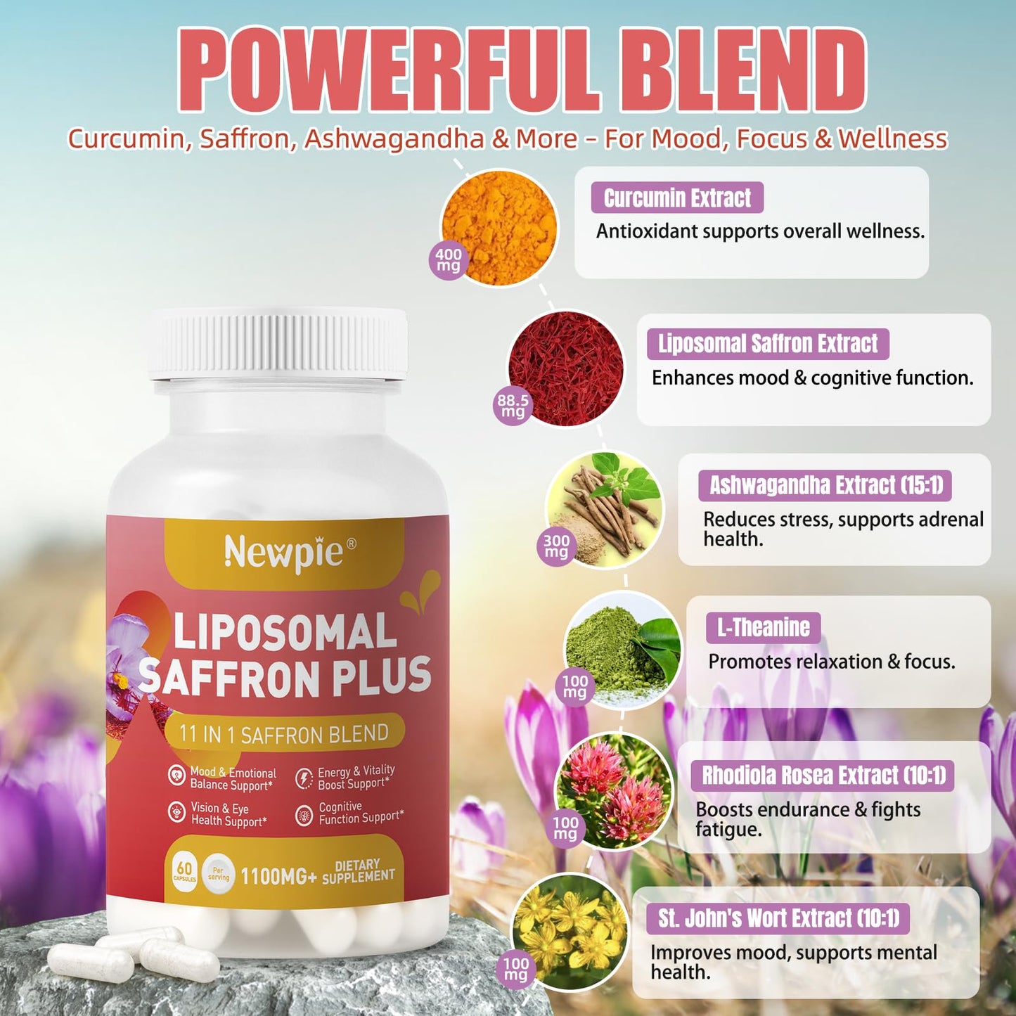 Newpie Saffron Supplements - 100% Pure Saffron Extract Capsules - Natural Mood Enhancer, Supports Eye & Heart Health, Boosts Energy - Premium Supplement for Women & Men（60 Servings (2) - Maple Wellness Supplements